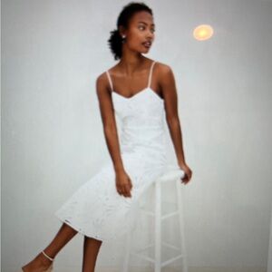 Loft White Dress Shell Eyelet Sweetheart Midi Dress Petite